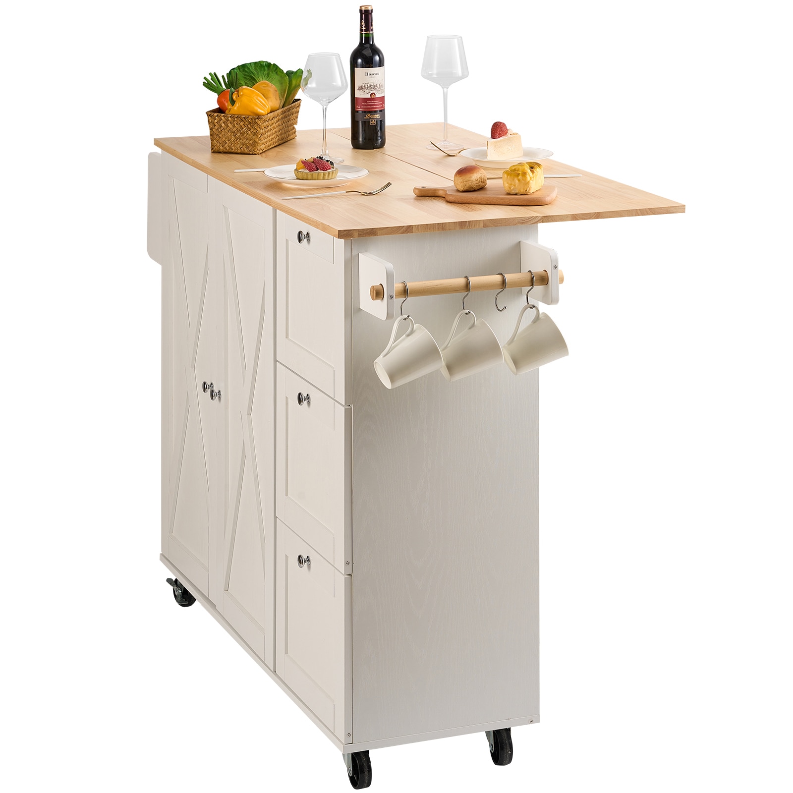 Kitchen Island With Solid Wood Top And Storage Cabinet On Wheels_voghion.com